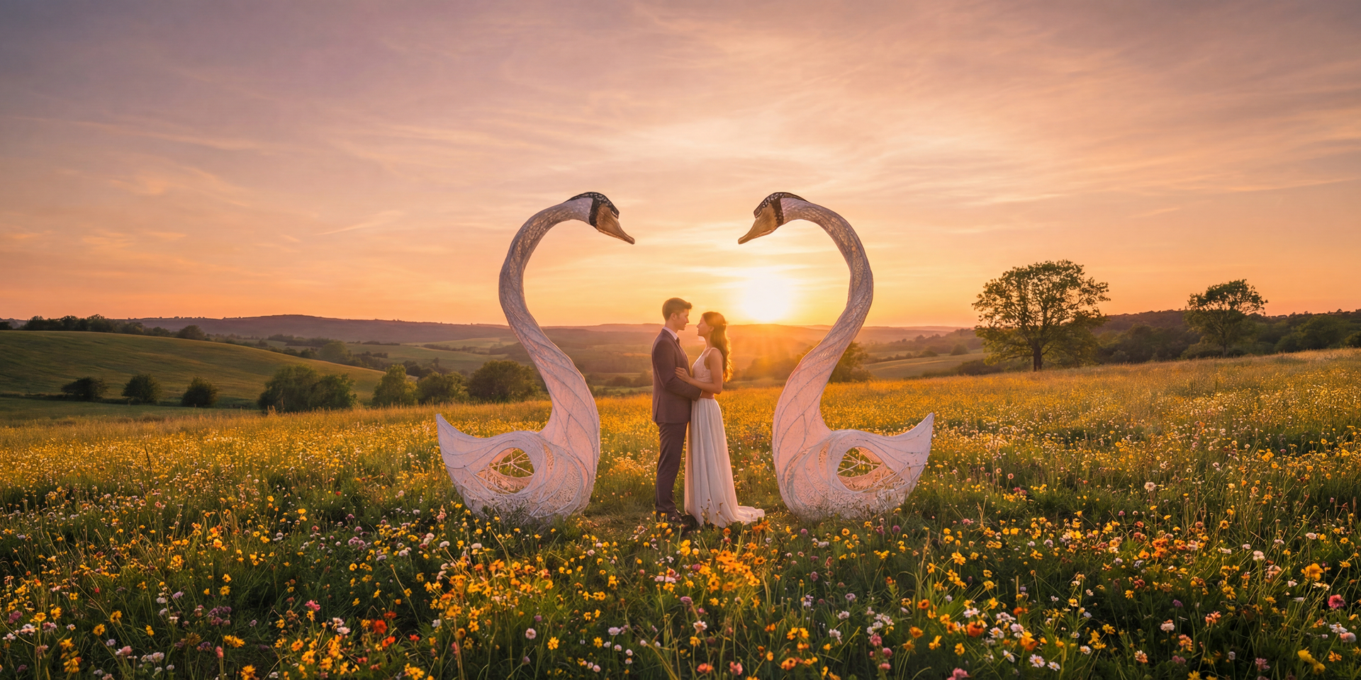 Łabędzie string-art na tle zachodu słońca